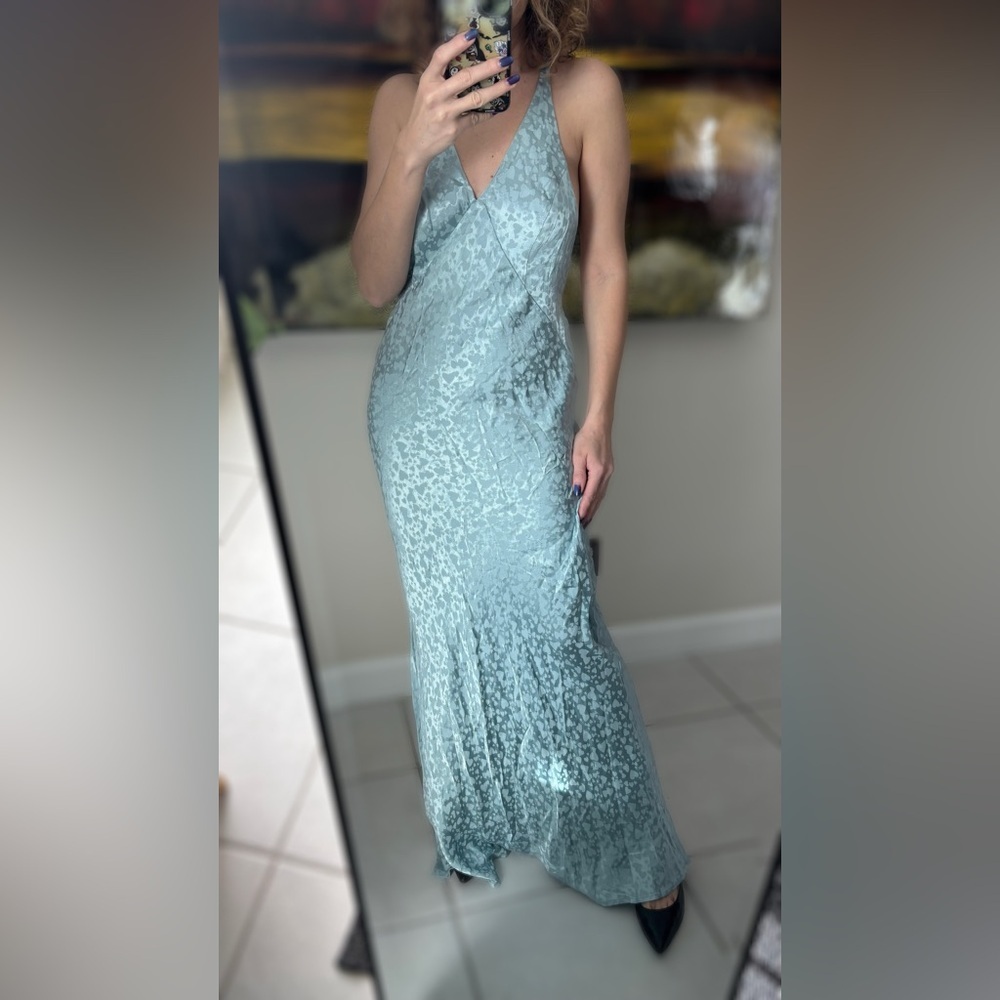 Top Shop Elegant Blue Satin Evening Gown heart print sz S-M - Picture 3 of 11